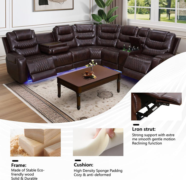 Power Recliner Sectional Sofa with LED Lighting, Breathing Leather Corner Couch with USB Port and Storage Console, Cup Holders– Home Theater & Living Room Seating (Brown)