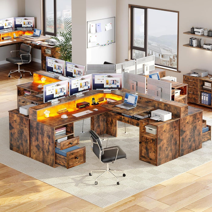 L Shaped Desk with Power Outlets & LED Lights, 60” Corner Computer Desk with Drawers & Lift Top, Home Office Desk with Monitor Stand & File Cabinet, Wood Height Adjustable Desk, Rustic Brown