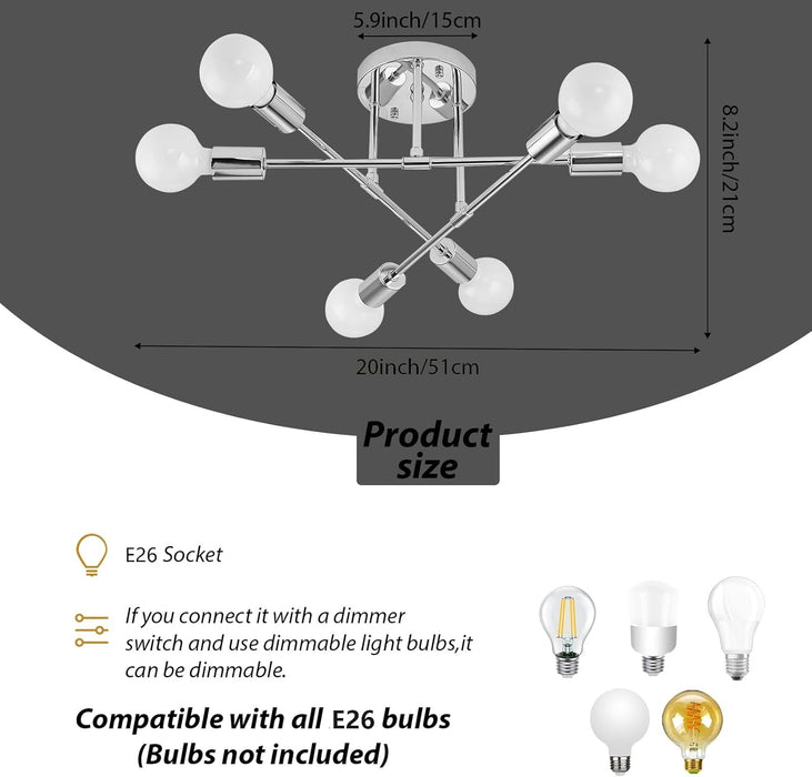 Modern Sputnik Chandelier, 6-Light Ceiling Light,Flush Mount Ceiling Light Fixture for Bedroom,Dining Room,Kitchen,Office,Silver