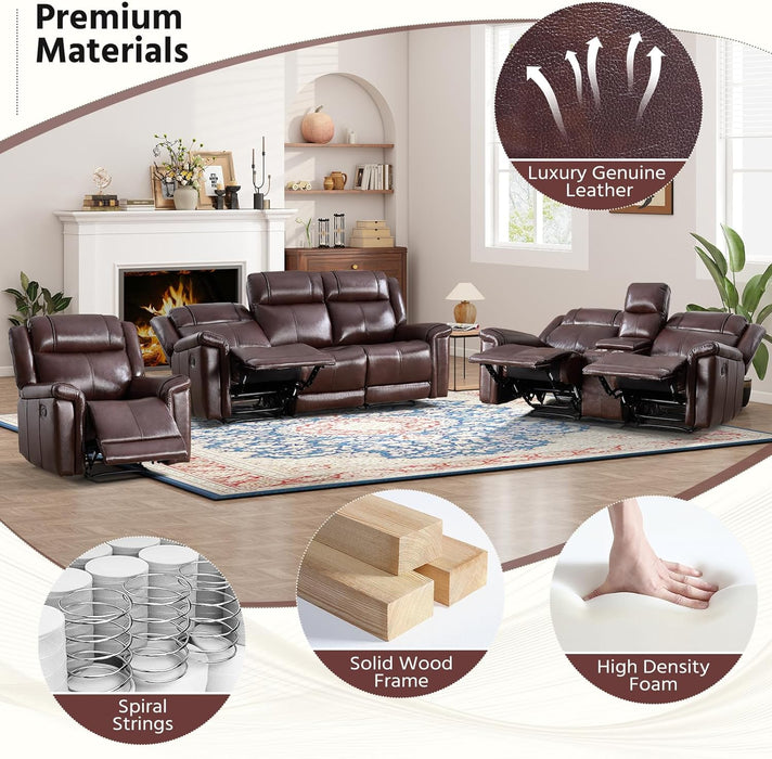 Geniune Leather Manual Loveseat Recliner Sofa Set of 2 with Center Console, Overstuffed 2-Seater Reclining Couch with Hidden Storage & Cup Holders, 2 Dual Recliner for Living Room, Rust Brown