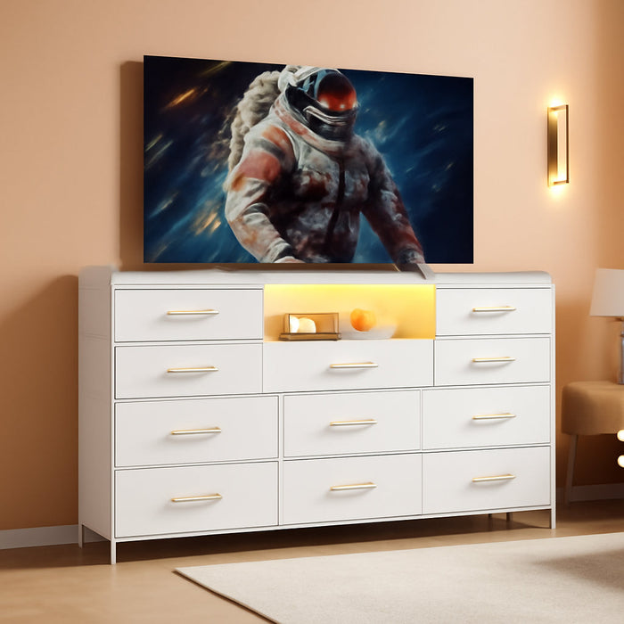 Dresser TV Stand with 11 Drawers for 60" TV Stand for Bedroom with LED Lights & Power Outlets Long Dresser for Bedroom with Shelves & 4 Hooks Sturdy Metal Frame & Wood Top, White
