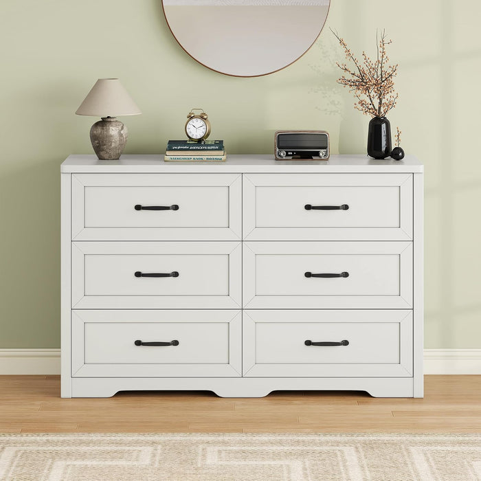 Farmhouse 6 Drawer Dresser for Bedroom, 47" W Modern Chest of Drawers with Metal Handles, Wood Dresser TV Stand, Dresser Drawer Organizer for Closet, Living Room,Hallway,White