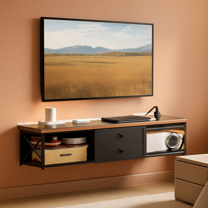 Floating TV Stand with Power Outlet, Wall Mounted Media Console for Tvs up to 50 Inch, Entertainment Center with Storage, for Living Room, Bedroom, Rustic Brown and Black DS04UBR