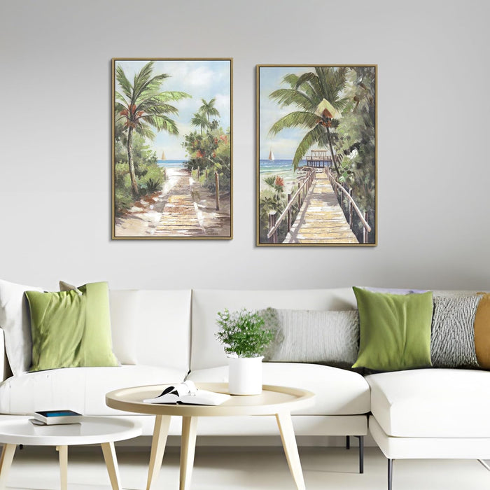 Beach Canvas Framed Wall Art - Hand Painted Ocean View Paintings Palm Tree Pictures Tropical Coastal Scenery Seaside Artwork for Living Room
