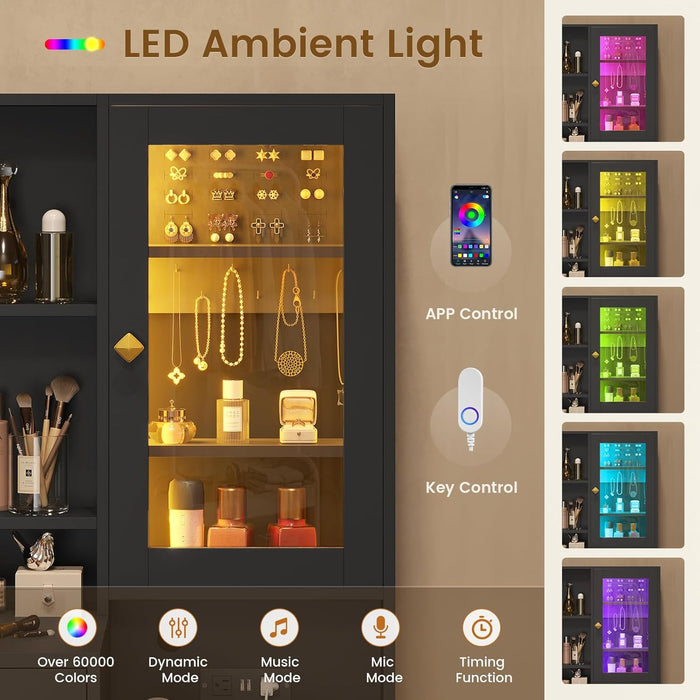 Makeup Vanity with Upholstered Stool & Charging Station, Vanity Desk with Mirror and Lights & Jewelry Storage, Vanity Table Set with RGB Lights & 5 Drawers & Shelves, Black & Gold