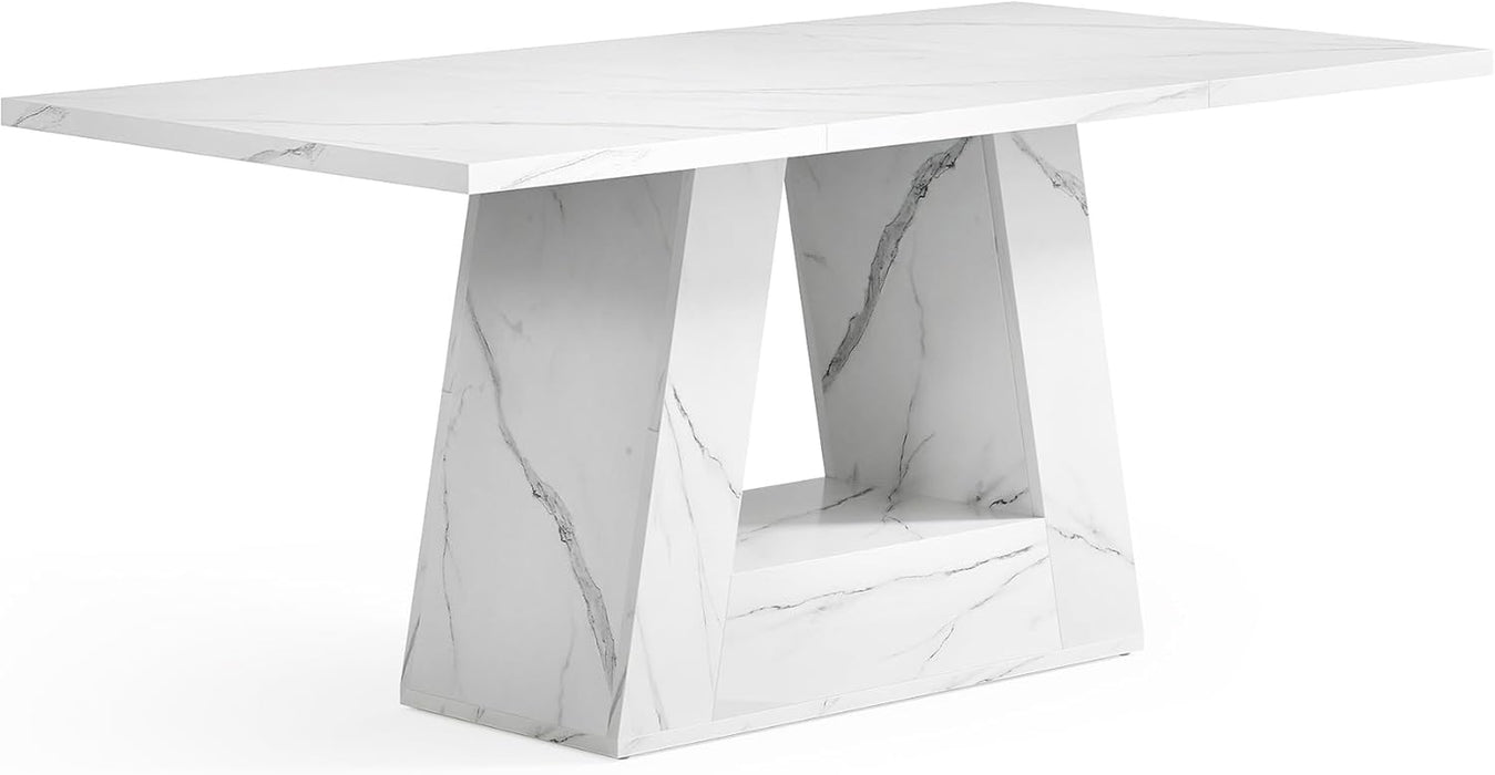 Dining Table for 4-6 People, 63 Inches Dining Room Table with Wooden Triangle Pedestal Base, White Faux Marble Rectangle Dinner Kitchen Table for Dining Room, Kitchen, Living Room