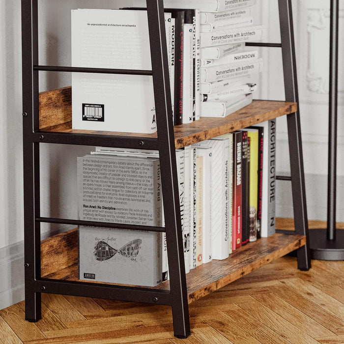 Industrial Bookshelves and Bookcases, Ladder Shelf 5 Tiers with Metal Frame for Living Room, Home Office, Rustics Brown