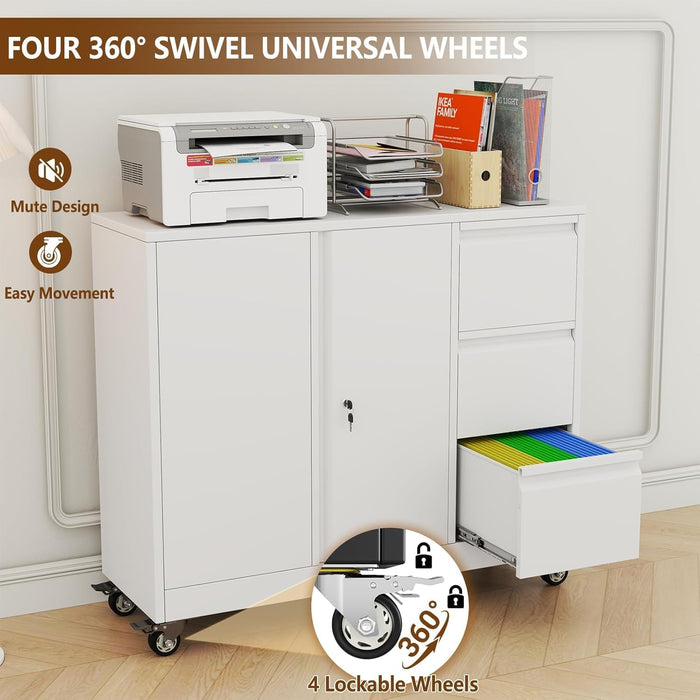 Forty Seven Inch BrilliantWhiteFinish Rolling File Cabinet