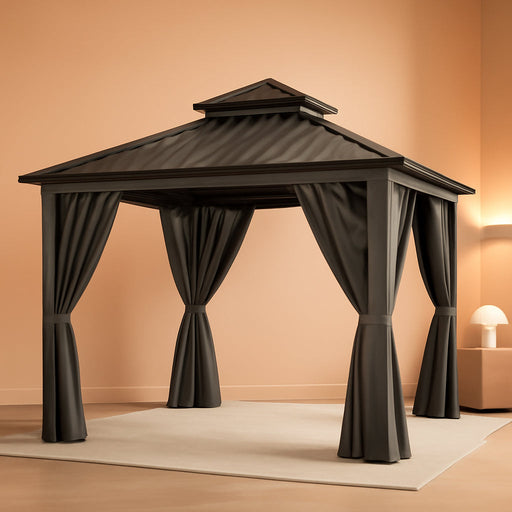 10X10Ft Hardtop Gazebo Double Roof Hardtop with Nettings and Curtains, Heavy Duty Aluminum Frame Galvanized Steel Outdoor for Patio, Backyard, Deck, Lawns, Grey