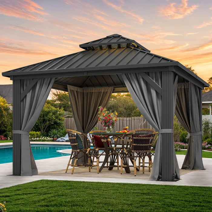 10X10Ft Hardtop Gazebo Double Roof Hardtop with Nettings and Curtains, Heavy Duty Aluminum Frame Galvanized Steel Outdoor for Patio, Backyard, Deck, Lawns, Grey