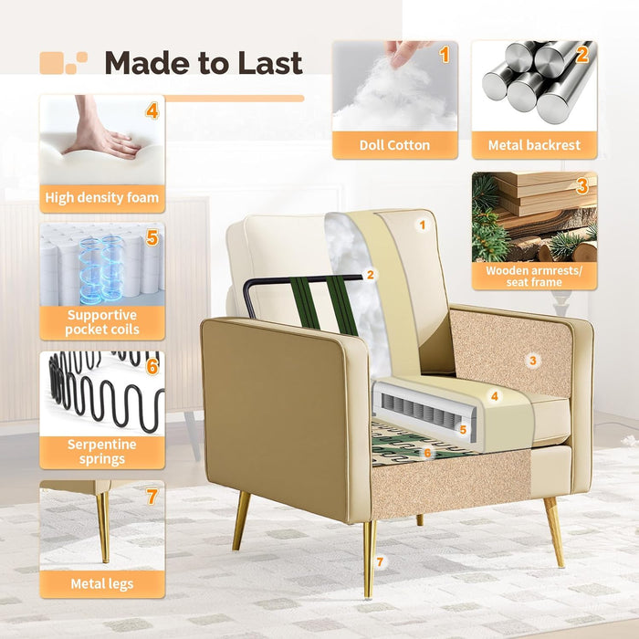 Modern PU Leather Accent Chairs Set of 2, Single Sofa Chair with Pocket Coil Seat, Metal Backrest & Solid Wood Frame, Upholstered Armchair for Living Room, Bedroom or Office