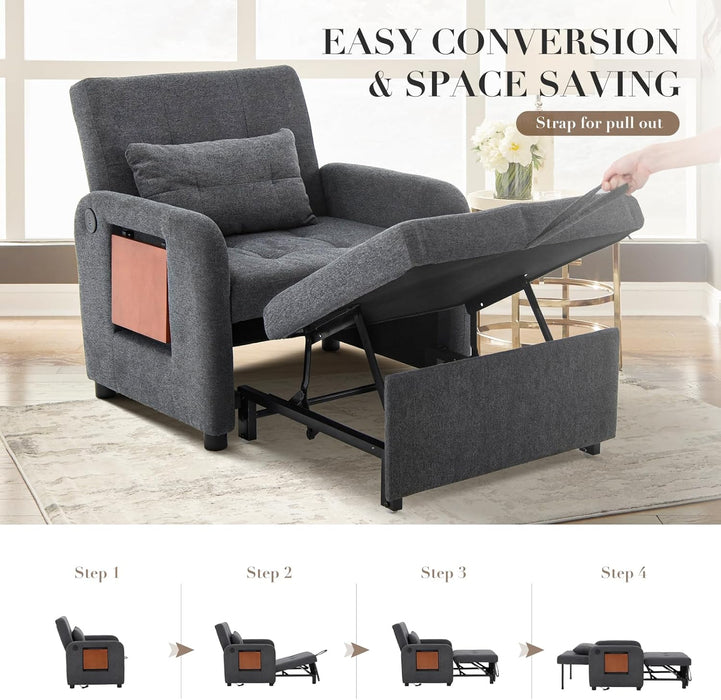 Convertible Sleeper Armchair Charcoal Gray USB Port
