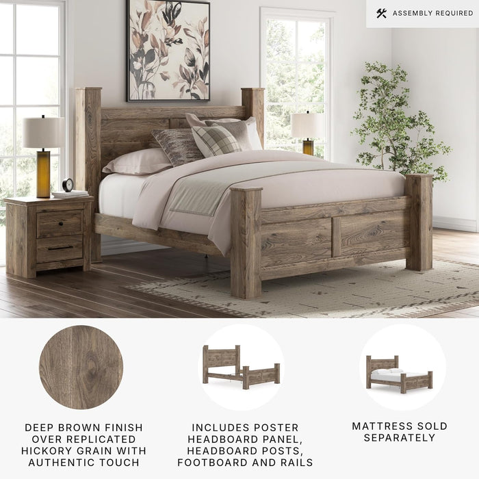 Signature Design by Ashley Keithland King Size Bed Frame with Poster Headboard, Traditional Bedframe in Wood with Hickory Grain Look, Bedroom Furniture, Deep Brown