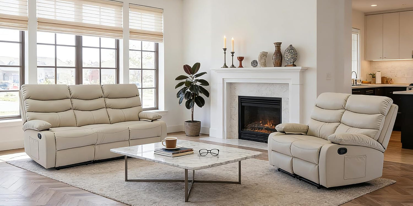 Reclining Couch Sofa Set Leather Recliner Couch Sofa and Loveseat Sets for Living Room, RV, Theater Seating(3 Seat Sofa+Loveseat,Beige)
