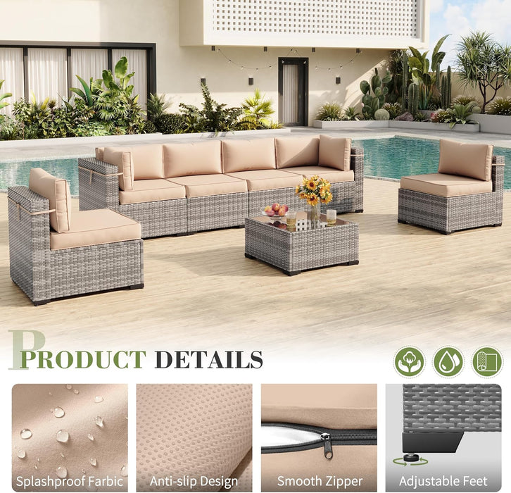 Patio Furniture Set, Outdoor Patio Furniture Wicker Furniture Couch Set, 7-Pieces Outdoor Sectional Sofa with Patio Furniture Cover, Outdoor Patio Set for Home Furniture (Khaki)