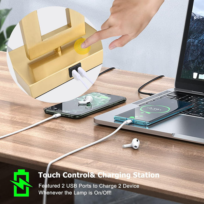 22’’ Set of 2 Touch Control Table Lamps W. 2 USB Ports, 3-Way Dimmable Bedroom Bedside Nightstand Touch Lamps, Modern Gold&White Lamps for Living Room End Table, LED Bulbs Included