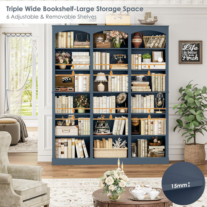 71" Triple Wide Bookshelf, 6 Tier Tall Bookshelf, Large Arched Bookcase with Curved Baffle, 63.4" Wide Book Shelf with 18 Open Display Shelves for Living Room, Study, Blue