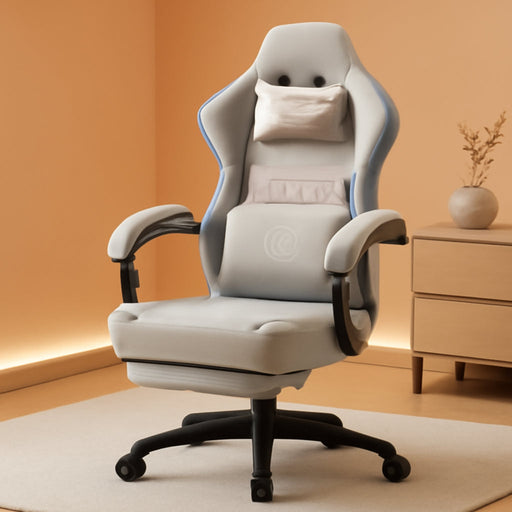 Gaming Chair Breathable Fabric Computer Chair with Pocket Spring Cushion, Comfortable Office Chair with Gel Pad and Storage Bag,Massage Game Chair with Footrest,Grey