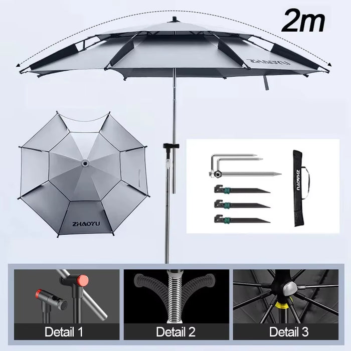 Fishing Umbrella with 360° Adjustment Summer Sun Protection Double Layer Shading Large Umbrella Anti-Uv Outdoor Parasol 2-2.6M