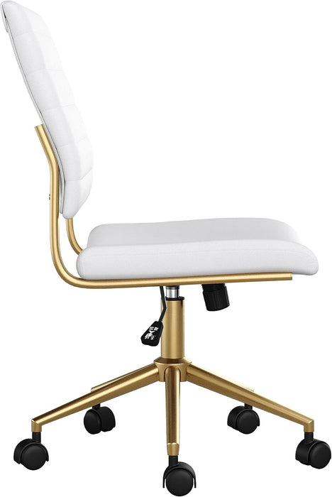 Ivy Armless Swivel Task Chair for Home Office in White Faux Leather with Polished Brass Frame