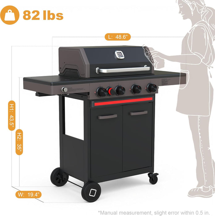 Brand-Man 4 Burner Propane Gas Grill with Infrared Side Burner, 52,000 BTU Total BBQ Grill with Porcelain-Enameled Cast Iron Diamond-Pattern Grates & Griddle for Outdoor Barbecue Grilling
