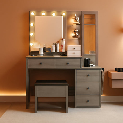 Vanity Desk with Mirror and Lights, Grey Makeup Vanity with 5 Drawers Hidden Jewelry Organizer& LED Glass Cabinet,3 Light Mode and Brightness Adjusted,Vanities Mirror with Lights Desk and Chair