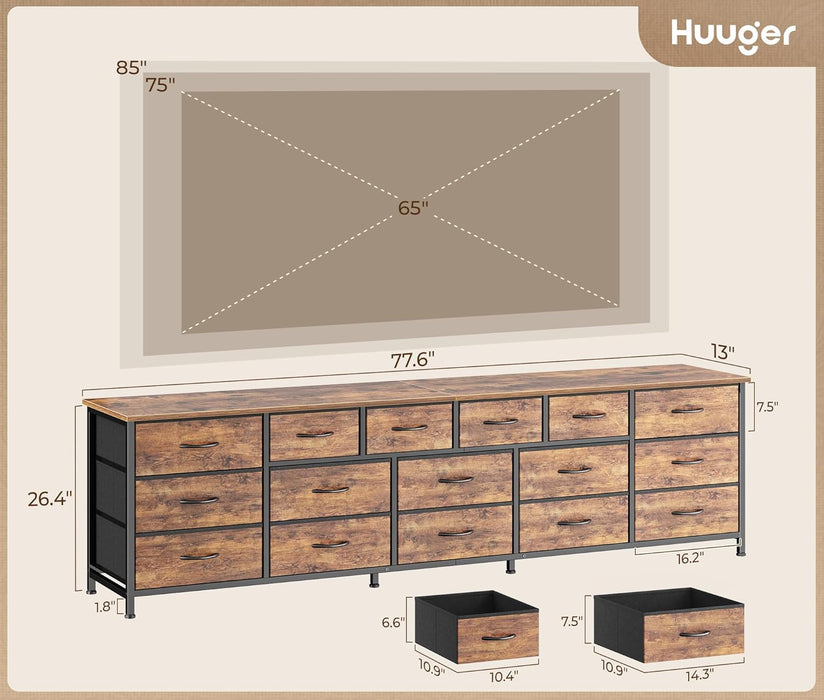 77.6" Long Dresser for Bedroom, 16 Drawer Fabric Dresser for Closet, Wide Chest of Drawers with Storage, TV Stand for 65, 75, 85 Inch TV, 77.6" W X 13" D X 26.4" H, Rustic Brown