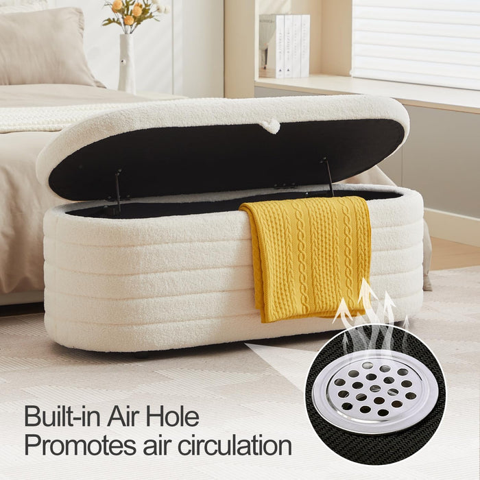 Storage Ottoman Bench End of Bed for Bedroom,45 Inch Boucle Upholstered Entryway Shoe Seat Bench W/ Storage,Sherpa Modern Cute Padded Blanket Chest Stool Foot Rest for Living Room,Off-White