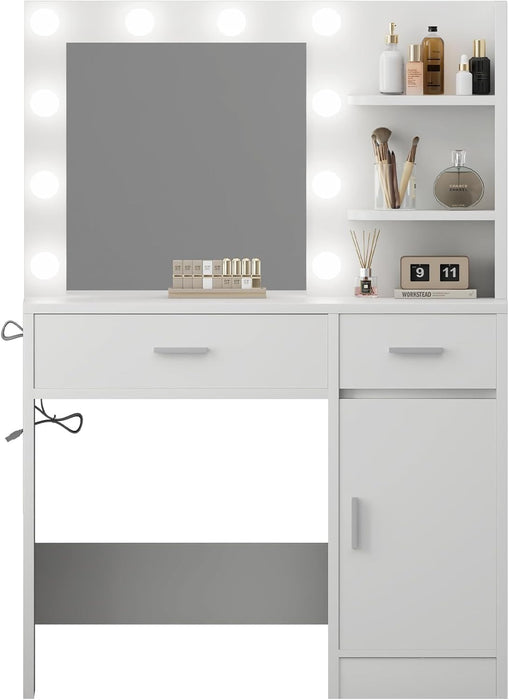 Lighted Makeup Vanity Desk, 35.4“W X 15.7'”D X 54“H, White (With Lights and Mirror, Dimming Function, 2 Drawers and 1 Cabiniet, Open Shelves) by Boahaus