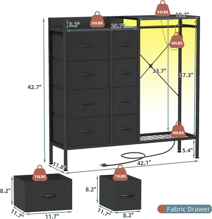 8-Drawer Dresser with Hanging Rack for Bedroom, Black, 11.8" D