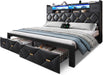King Size Bed Frame with 2 Storage Drawers and Storage Headboard, Upholstered Platform with Charging Station and LED Light, No Box Spring Needed, Noise Free, Easy Assembly, PU Leather Black