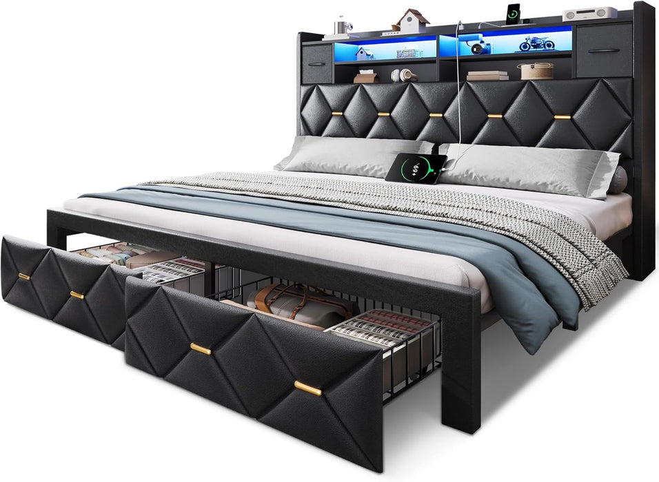 King Size Bed Frame with 2 Storage Drawers and Storage Headboard, Upholstered Platform with Charging Station and LED Light, No Box Spring Needed, Noise Free, Easy Assembly, PU Leather Black