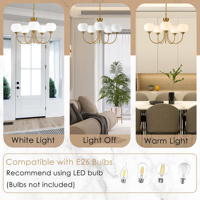 Goldtone Finish Five Lighting Milk Glass Chandelier