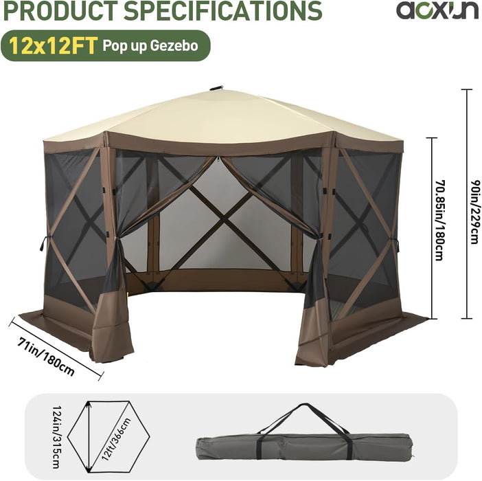 12X12Ft Pop up Canopy Tent, 6-Sided Pop-Up Gazebo Screen Tent with Mesh Windows, Outdoor Canopy Shelter Tent with Carrying Bag, Large Shade Tents for Camping, Backyard, Patio, Lawn, Brown