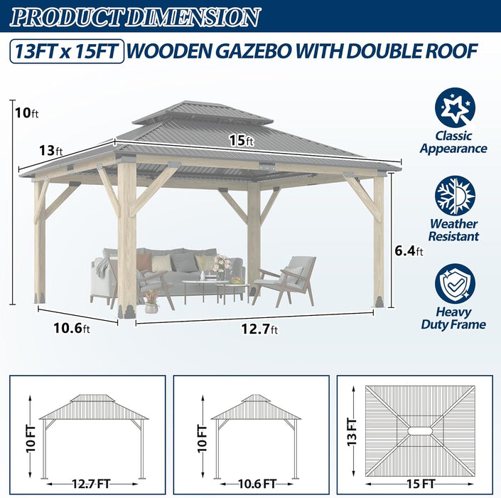13FT X 15FT Outdoor Wooden Gazebo - Patio Wood Frame Gazebo with Galvanized Steel Hardtop, Heavy-Duty Hardtop Gazebos for Garden, Poolside, Deck, Backyard