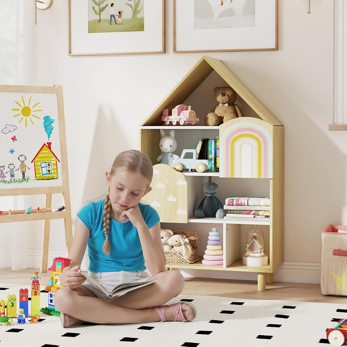 Natural Wood House Shaped Kids Dollhouse Bookshelf