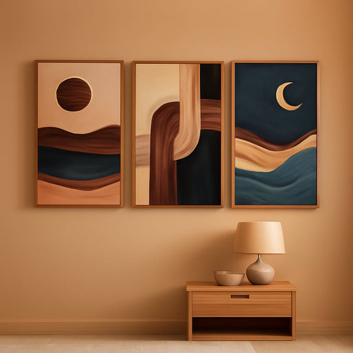 Boho Mid Century Modern Framed Canvas Wall Art, Bohemian Geometric Wall Decor, Abstract Sun and Moon Artwork,Beige and Black Wooden Art Paintings for Living Room Bedroom Office 16"X24"X3