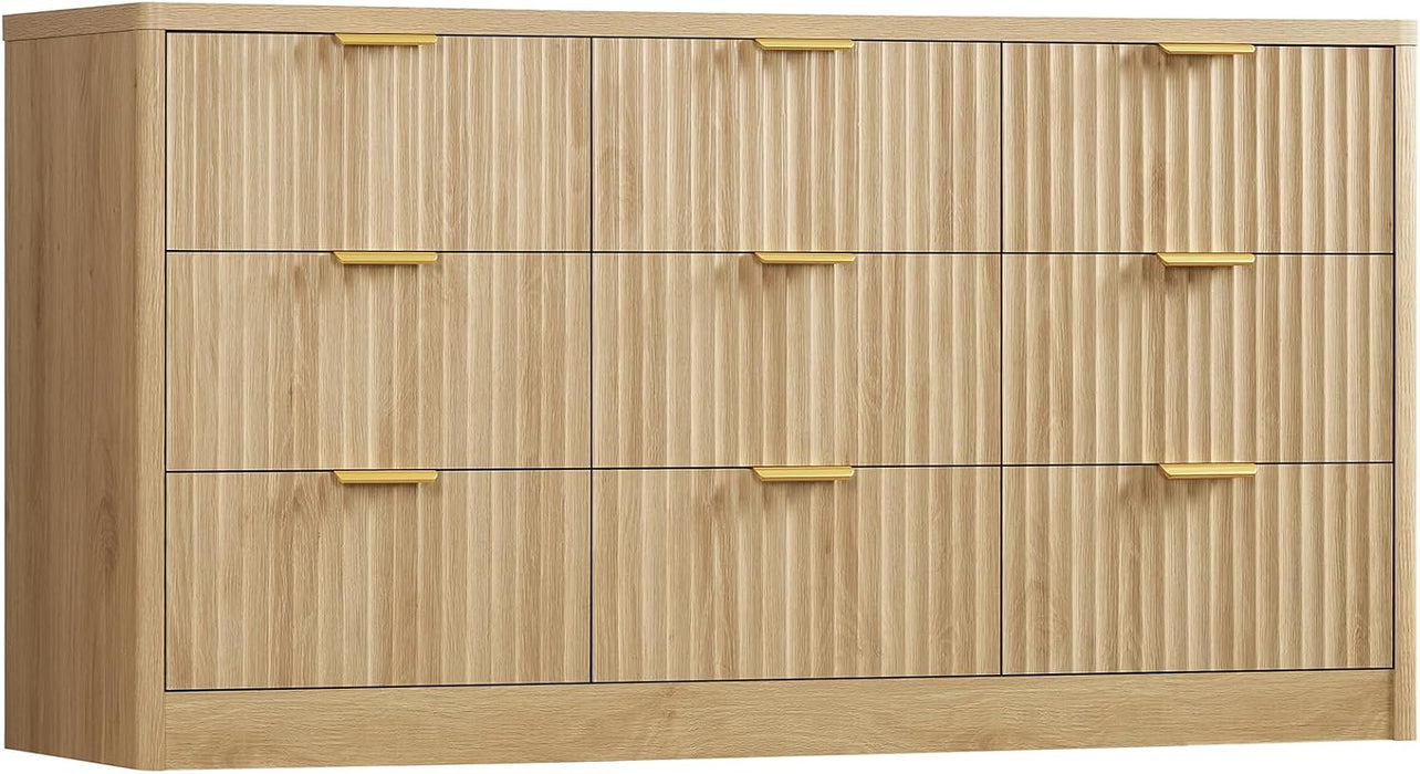 63" Dresser for Bedroom with 9 Drawers, Modern Dressers & Chest of Drawers with Metal Handles, Fluted Dresser, Wood Closet Clothes Storage Organizer for Living Room, Hallway, Natural