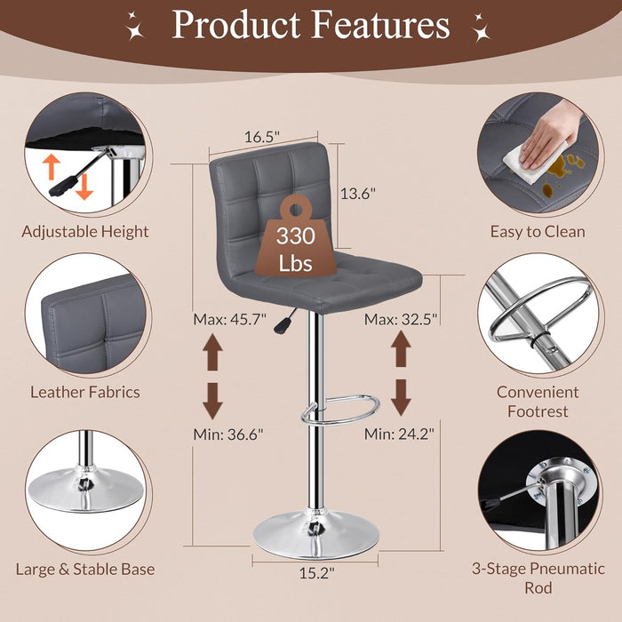 Set of 4 Adjustable Swivel Barstools, Modern PU Leather Kitchen Counter Bar Stools, Square Back Bar Stool (Grey)