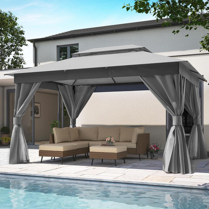 Patio Gazebo 10'X13', Outdoor Heavy Duty Party Tent Shelter with Double Roofs, Mosquito Nettings and Privacy Screens for Backyard, Garden, Lawn, Gray