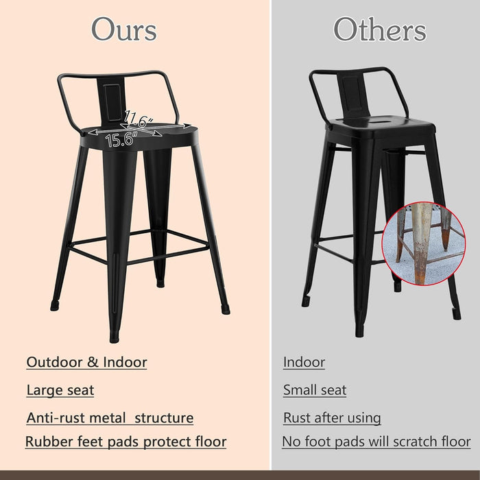 24Inch Outdoor Metal Bar Stools Set of 4 Patio Stool Counter Height Barstools Large Seat Industrial Counter Stool Kitchen Bar Chairs Indoor-Low Back, Black