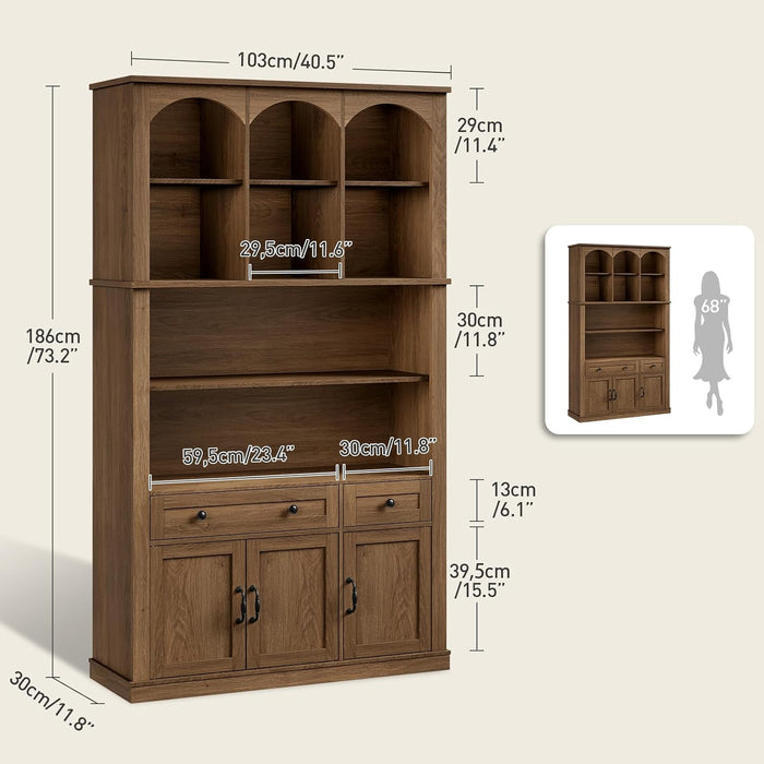 73.2" Tall Farmhouse Arched Bookshelf with Drawer and Door, 6 Tier