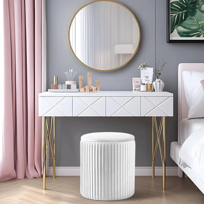 Round Set of 3 Ottoman with Storage-Upholstered Velvet Vanity Stool for Makeup Multifunctional Ottomans Coffee Table Padded Seat Foot Rest for Living Room&Bedroom（White）