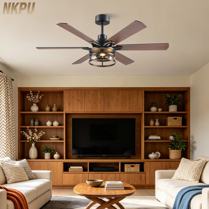 52 Inch Farmhouse Ceiling Fan with Light and Remote, Brown Industrial Caged Rustic Ceiling Fan with 6 Speed