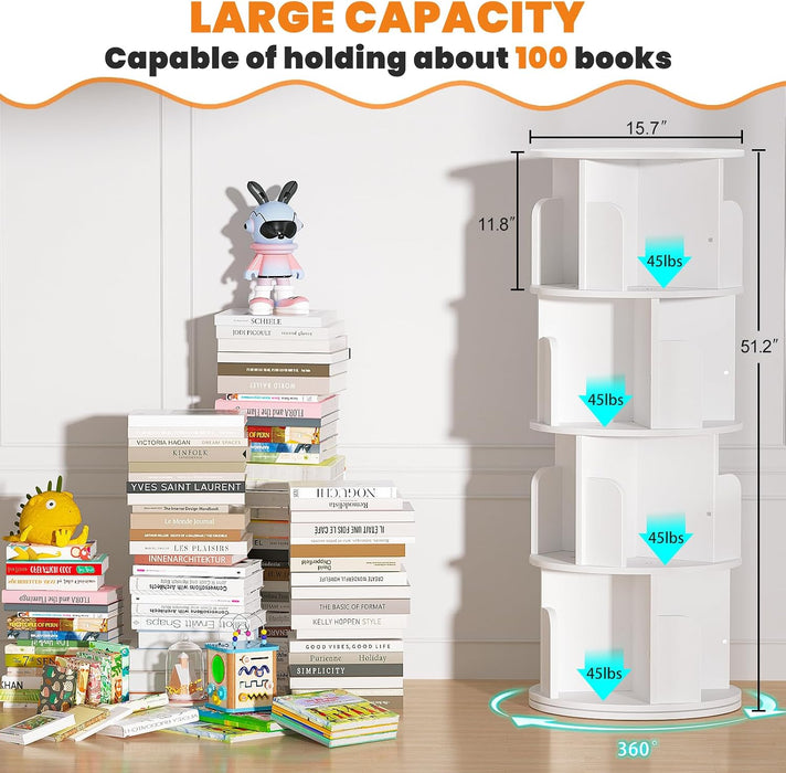 Rotating Bookshelf, 4 Tier Wood Spinning Bookcase Tower, White