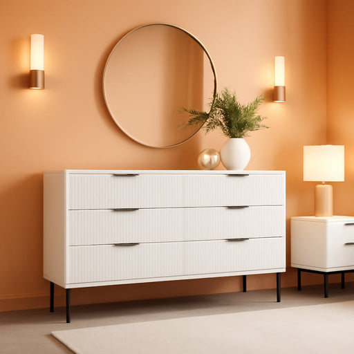 White Fluted 6 Drawer Dresser, Wide Wood Double Dresser with Metal Legs and Handles, Modern Chest of Drawers with Anti-Tipping Design for Bedroom Living Room, Hallway