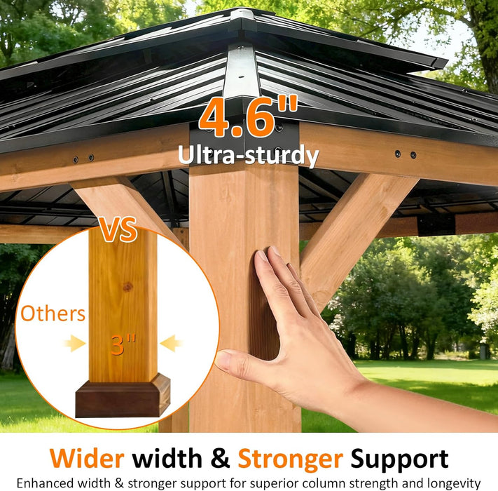 10X12 FT Cedar Wood Gazebo,Hardtop Wooden Gazebo with 4.6In Thickened Posts&High Load-Bearing Galvanized Steel Roof for Outdoor, Patio, Backyard-Natural