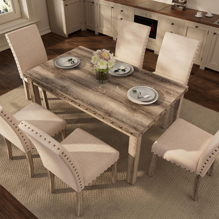 Rustic Dining Table Set for 6, Farmhouse Kitchen Dining Chairs for 6, Charming 60" Rectangular Wooden Table&6 Upholstered Chair with Nailhead Accents for Dining Hub,Breakfast Nook