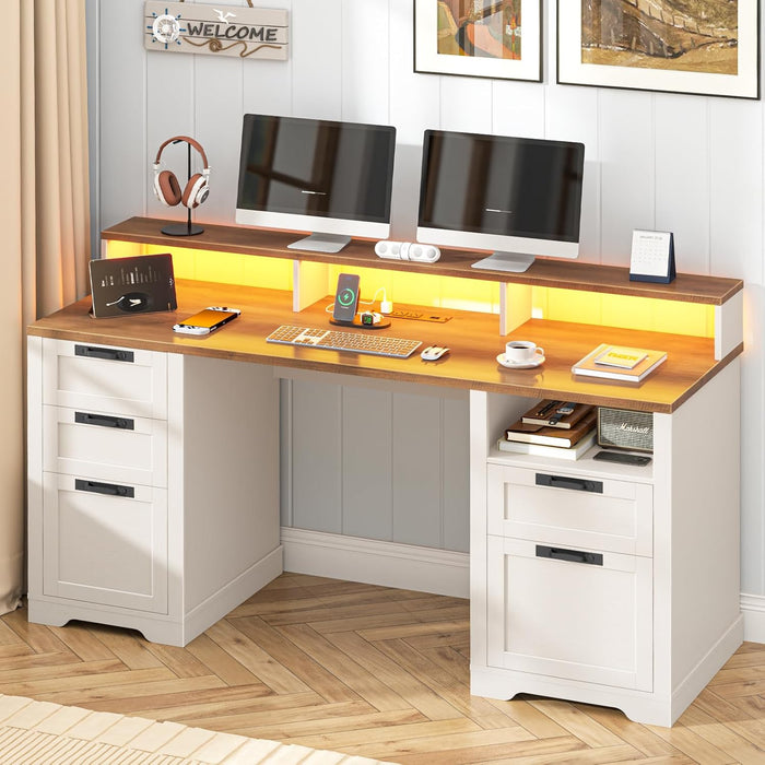 61" Farmhouse Executive Desk with LED Lights and Power Outlets,Computer Desk with Monitor Stand & File Drawers,Large Workspace with Storage Drawers for Home Office,Study,White