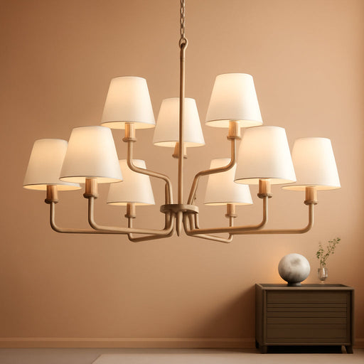 33" Gold Chandelier for Dining Room Light Fixture with White Fabric Shades, 9-Light Brass Modern Farmhouse 2 Tiered High Ceiling Lantern Chandelier Pendant Light for Foyer Entryway Living Room Kitchen
